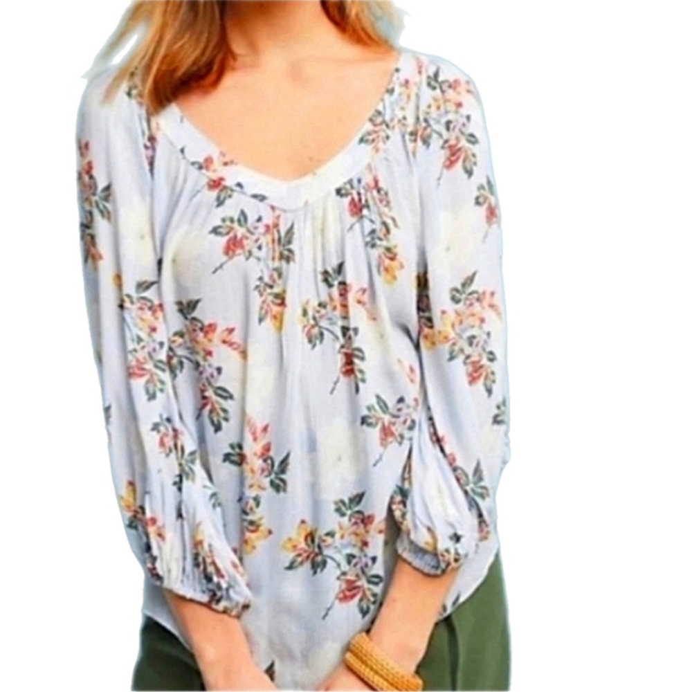 Maeve By Anthropologie Boho Cottagecore Floral V Neck Peasant Top Blue Size 4